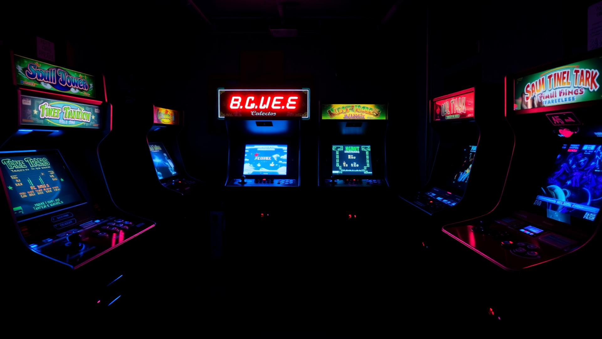 Retro arcade cabinets glowing in the dark